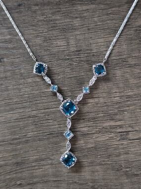 Blue Topaz Sterling Silver V-Shaped Lariat Necklace RCI 26" wheat rope chain